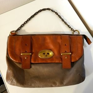 Fossil Leather Carmel Grey Chain Handbag Front Flap Two Buckles Top Zip Opening